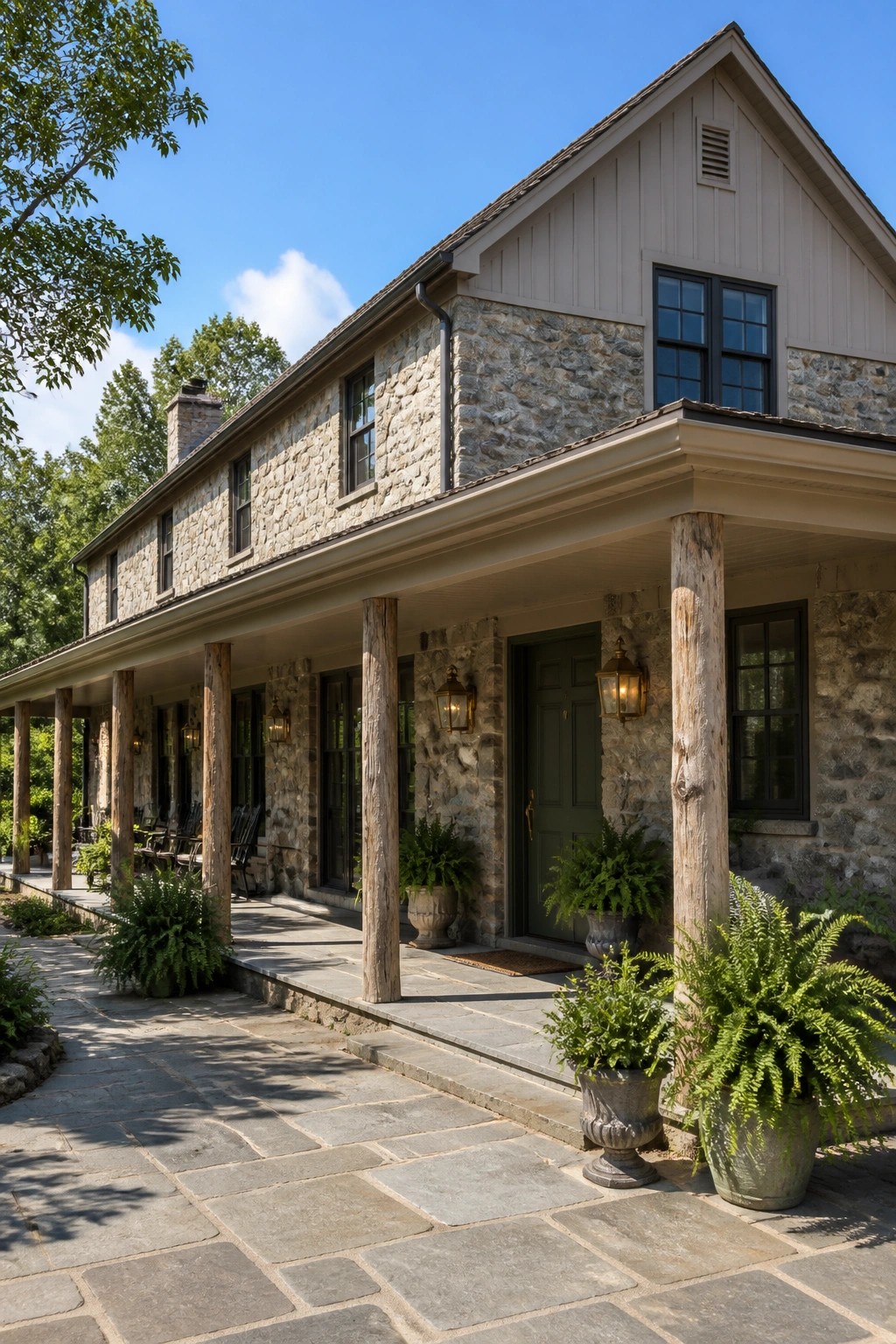 Stone farmhouse with soft greige painted siding on the upper level.