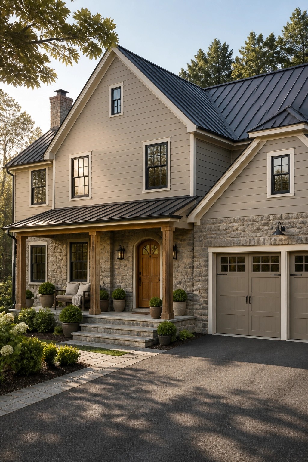 A farmhouse exterior with light greige siding and a stone base.