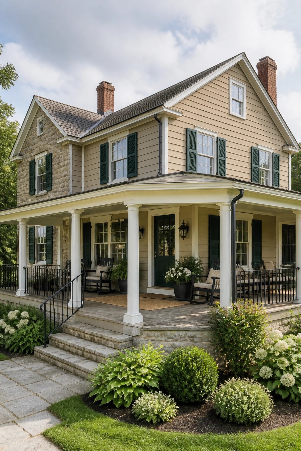 A stone farmhouse with warm beige siding and white trim.