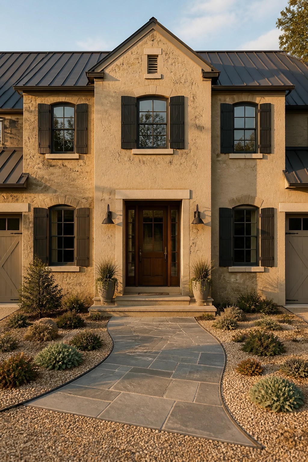 A stone farmhouse with warm beige stucco siding and a curved stone path leading to the front door.