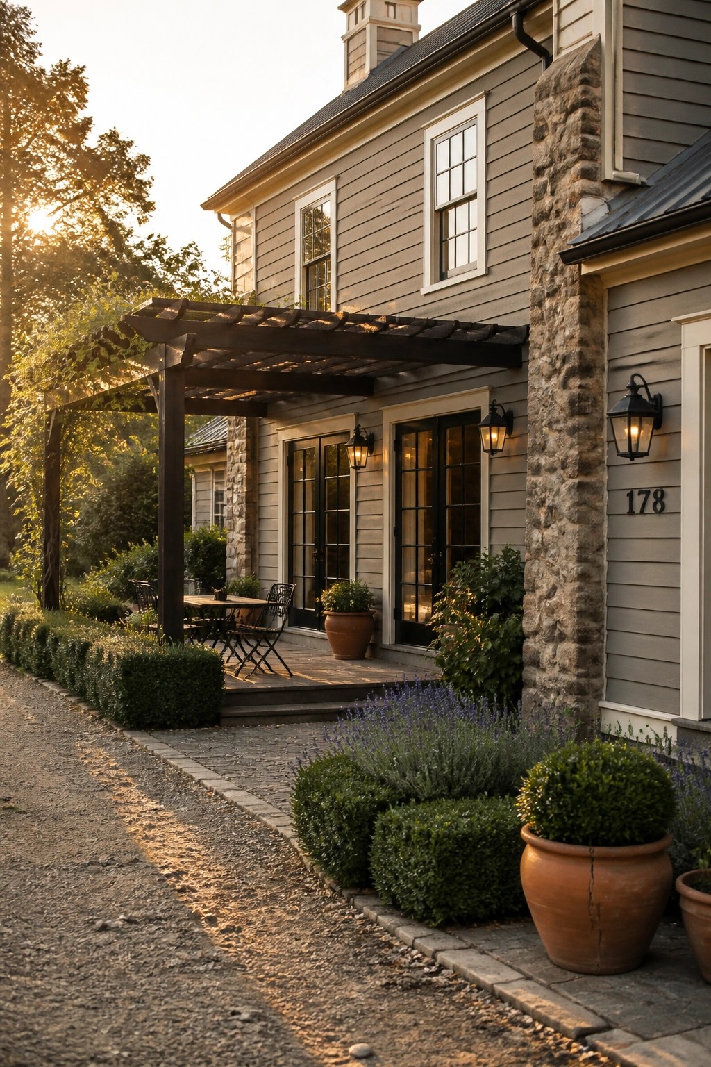 Warm gray siding on a stone farmhouse exterior.