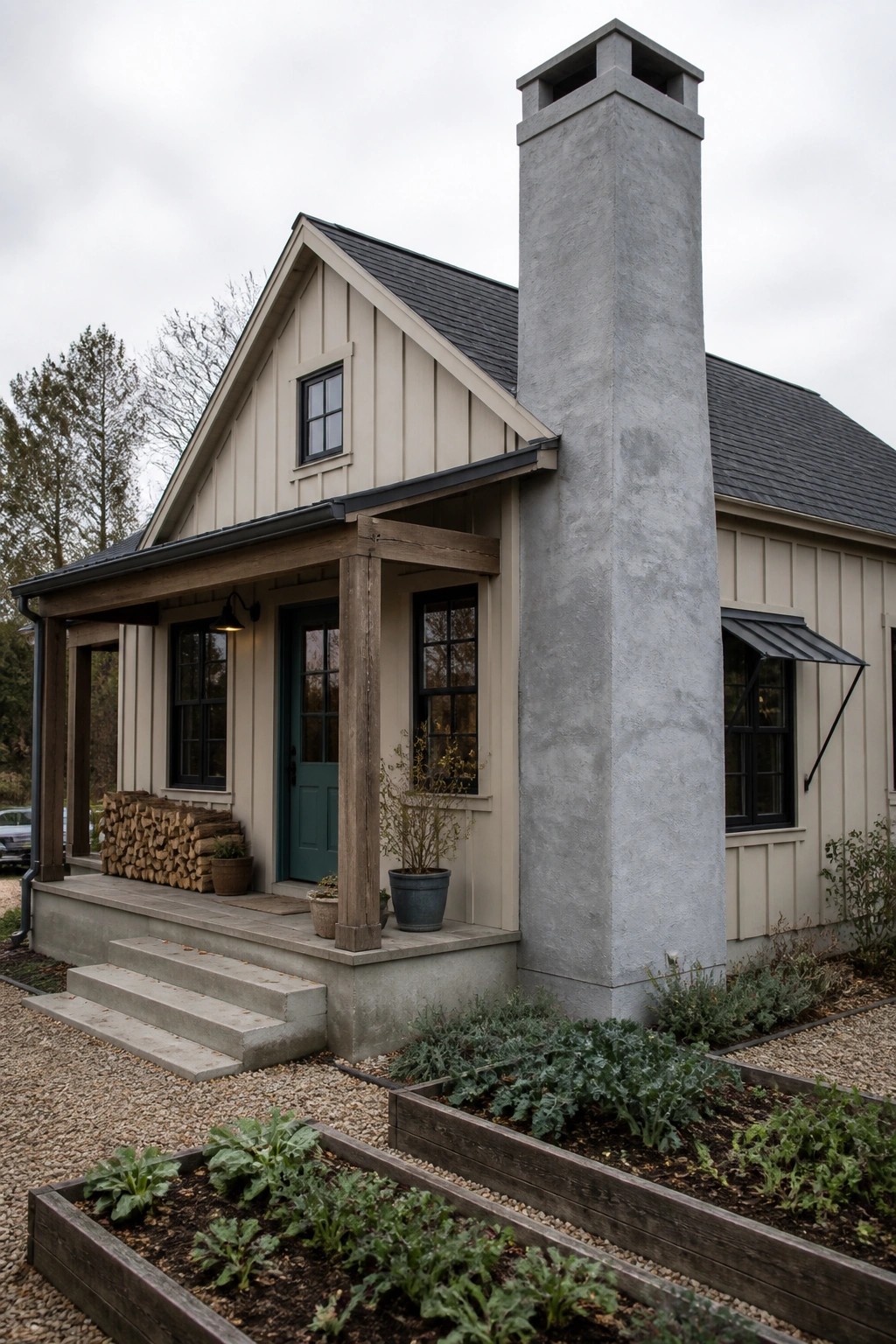 A farmhouse exterior with warm greige siding and a tall concrete chimney.