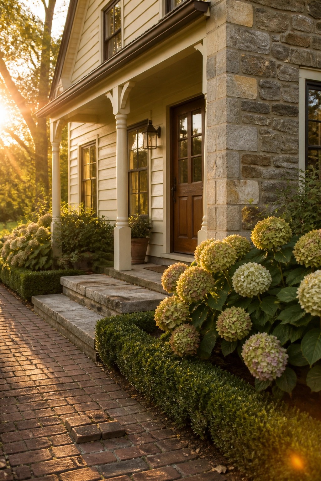 A stone farmhouse with warm off-white siding along the front porch.