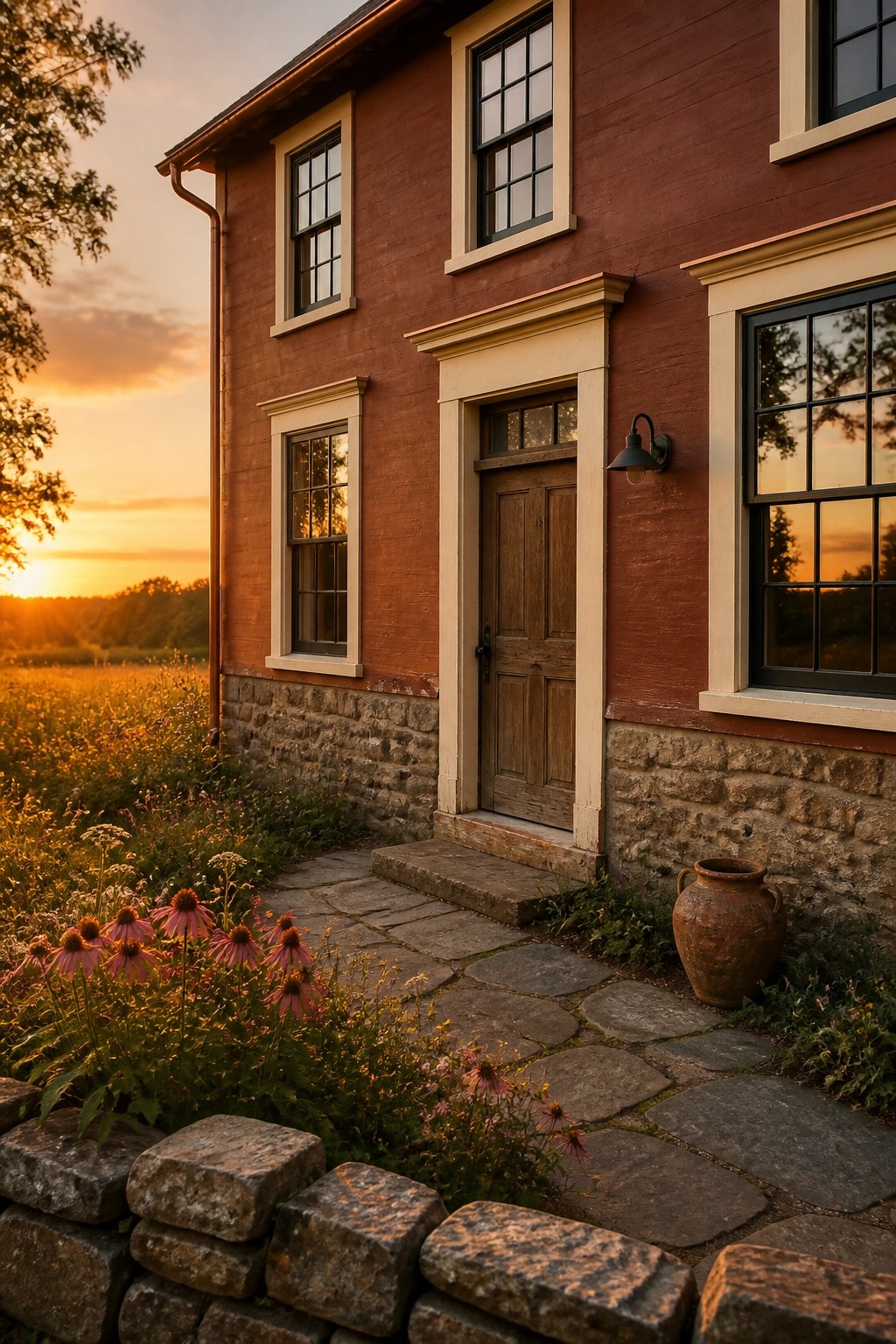 Red wooden farmhouse at sunset with stone path and pink flowers in garden