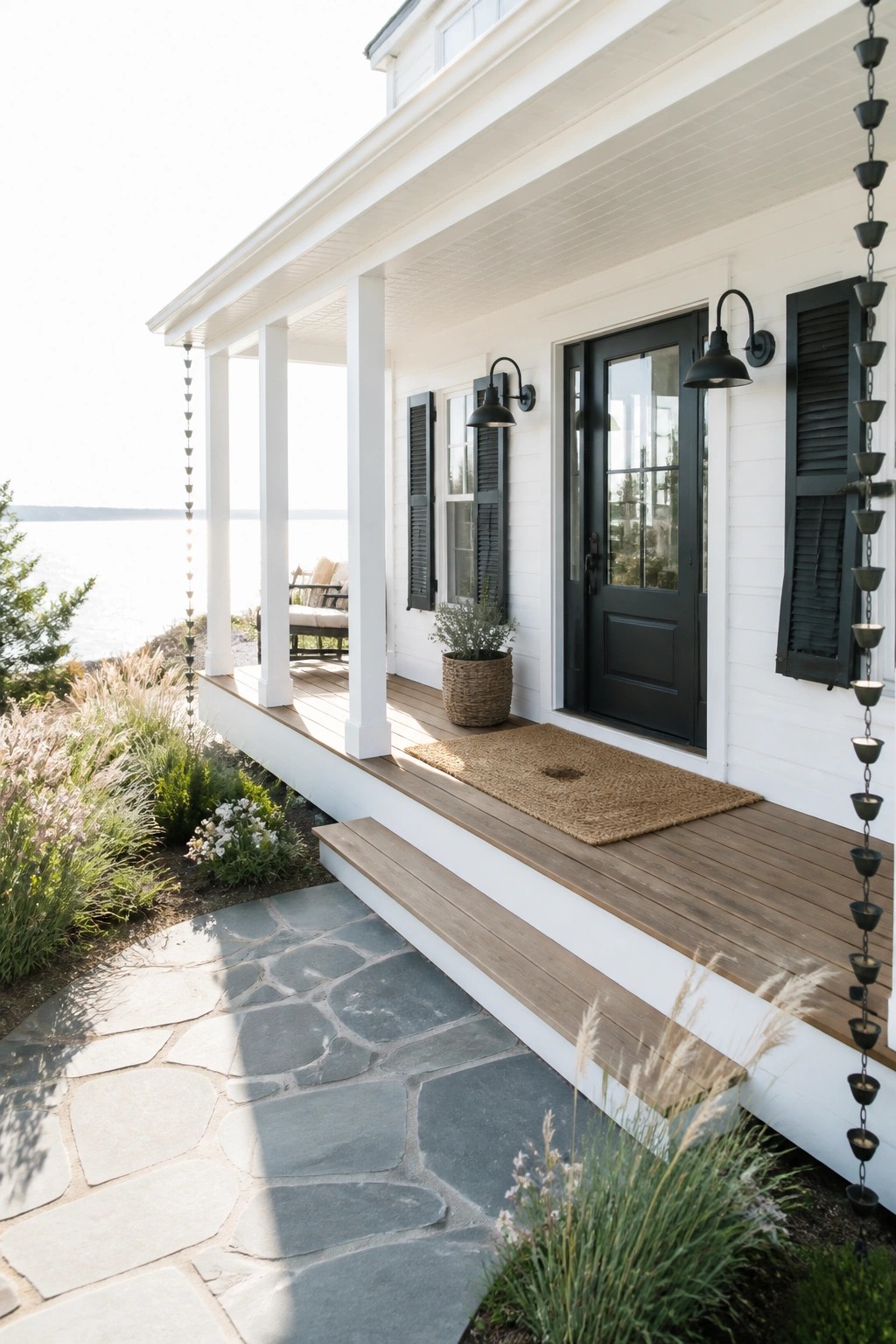 White painted siding on a modern farmhouse with black door and wood porch.