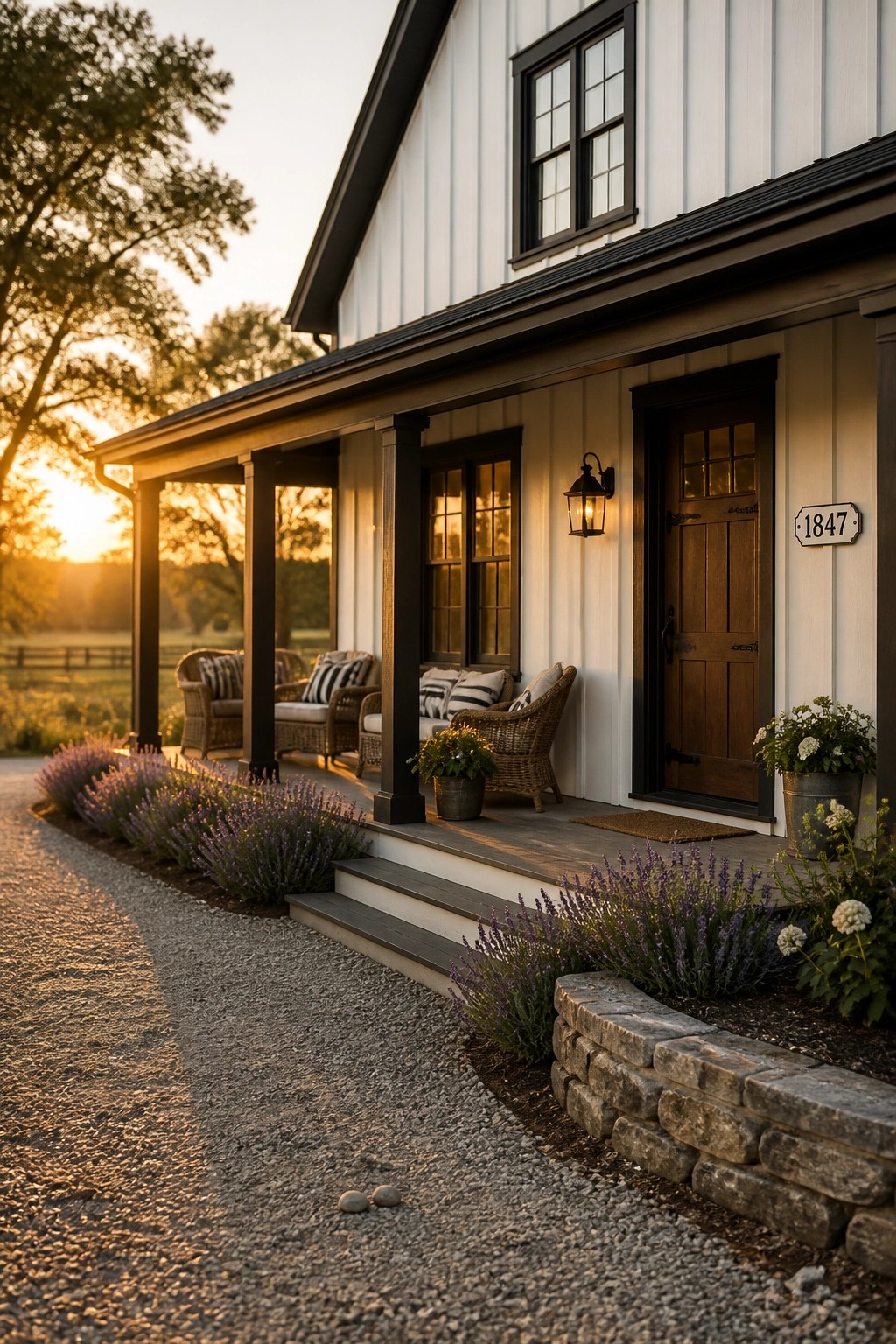 White vertical siding on a modern farmhouse with black trim and a wooden front door.