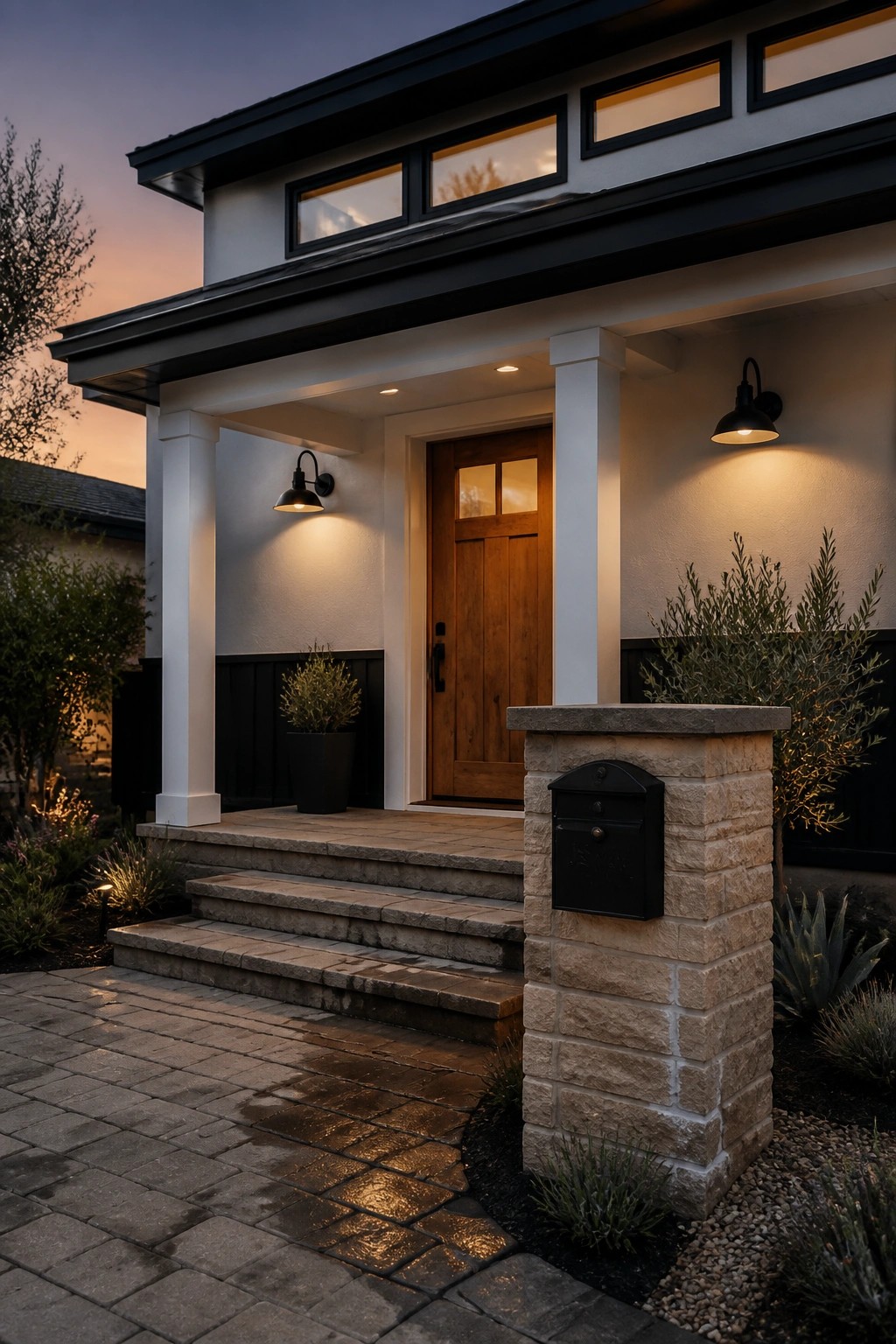 White modern farmhouse siding with black trim and accents.