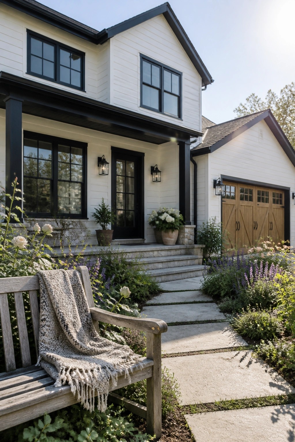 A modern farmhouse exterior with crisp white siding and black trim.