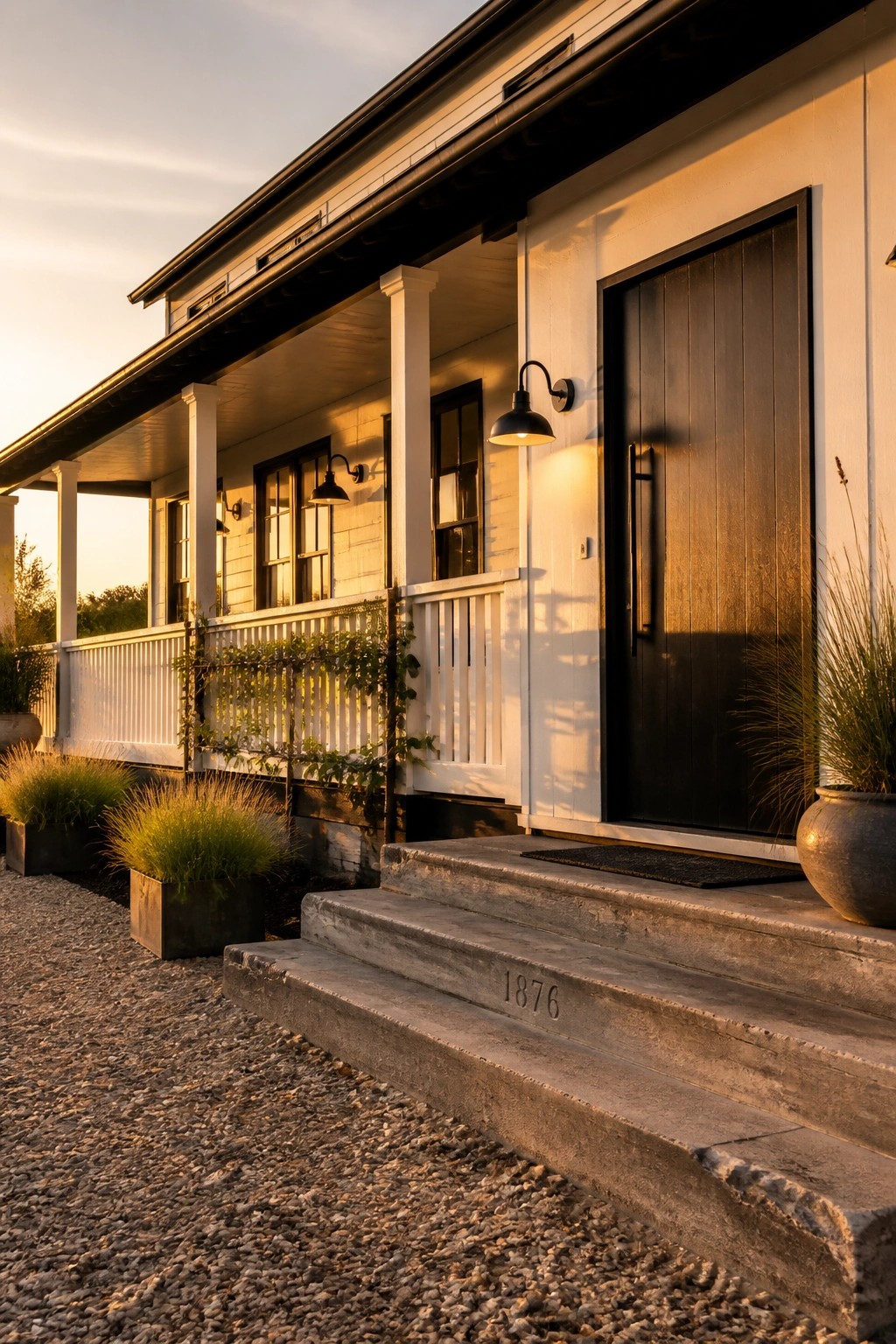 White painted siding on a modern farmhouse exterior.