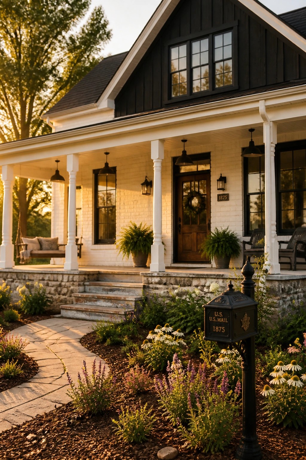 White painted brick siding on a modern farmhouse with black upper gables.