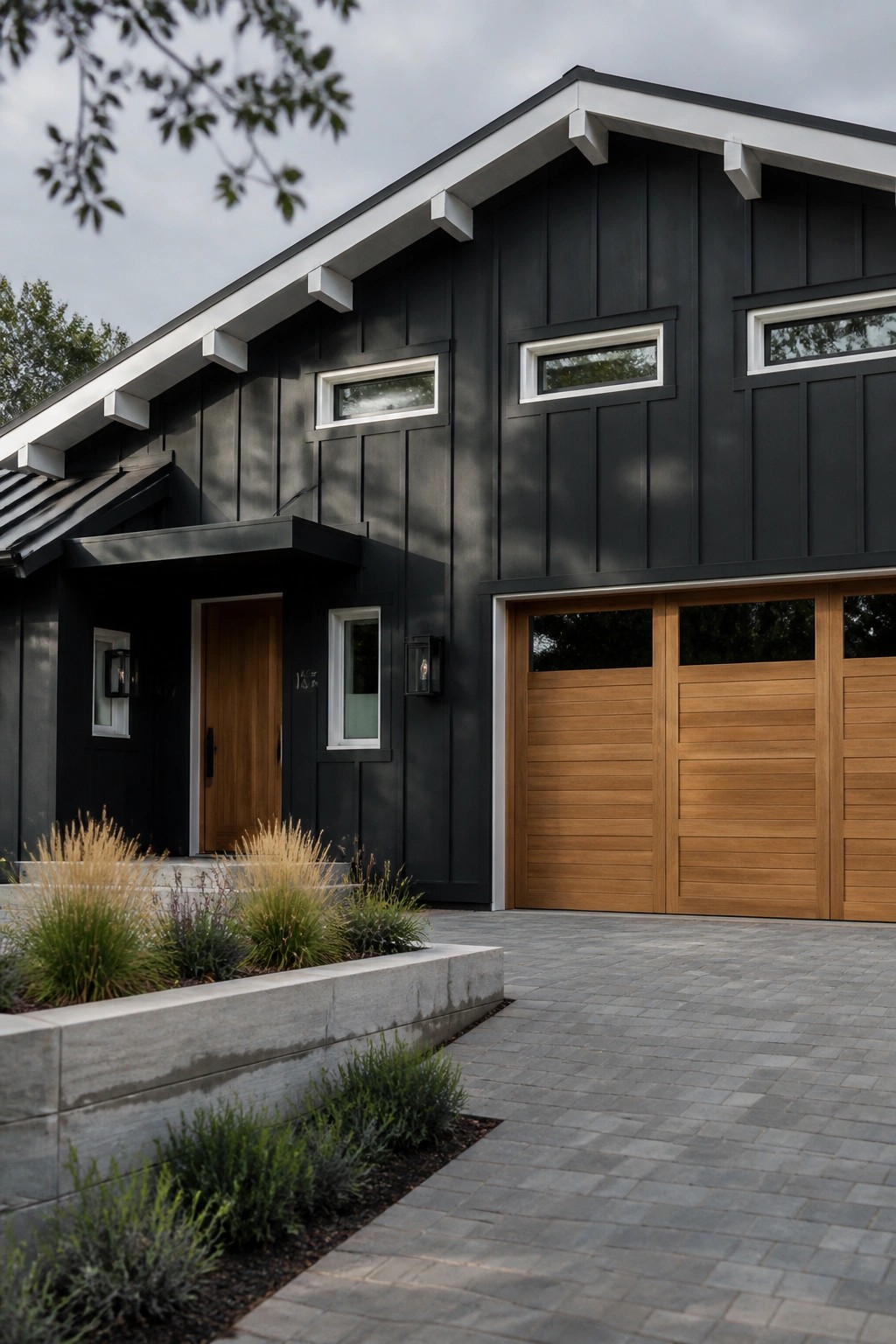 Modern farmhouse exterior with deep black siding and white trim.