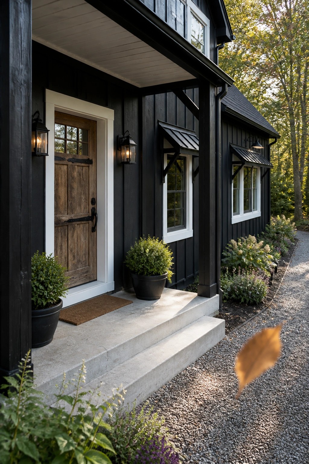 Black painted wood siding on a modern farmhouse exterior with white trim.