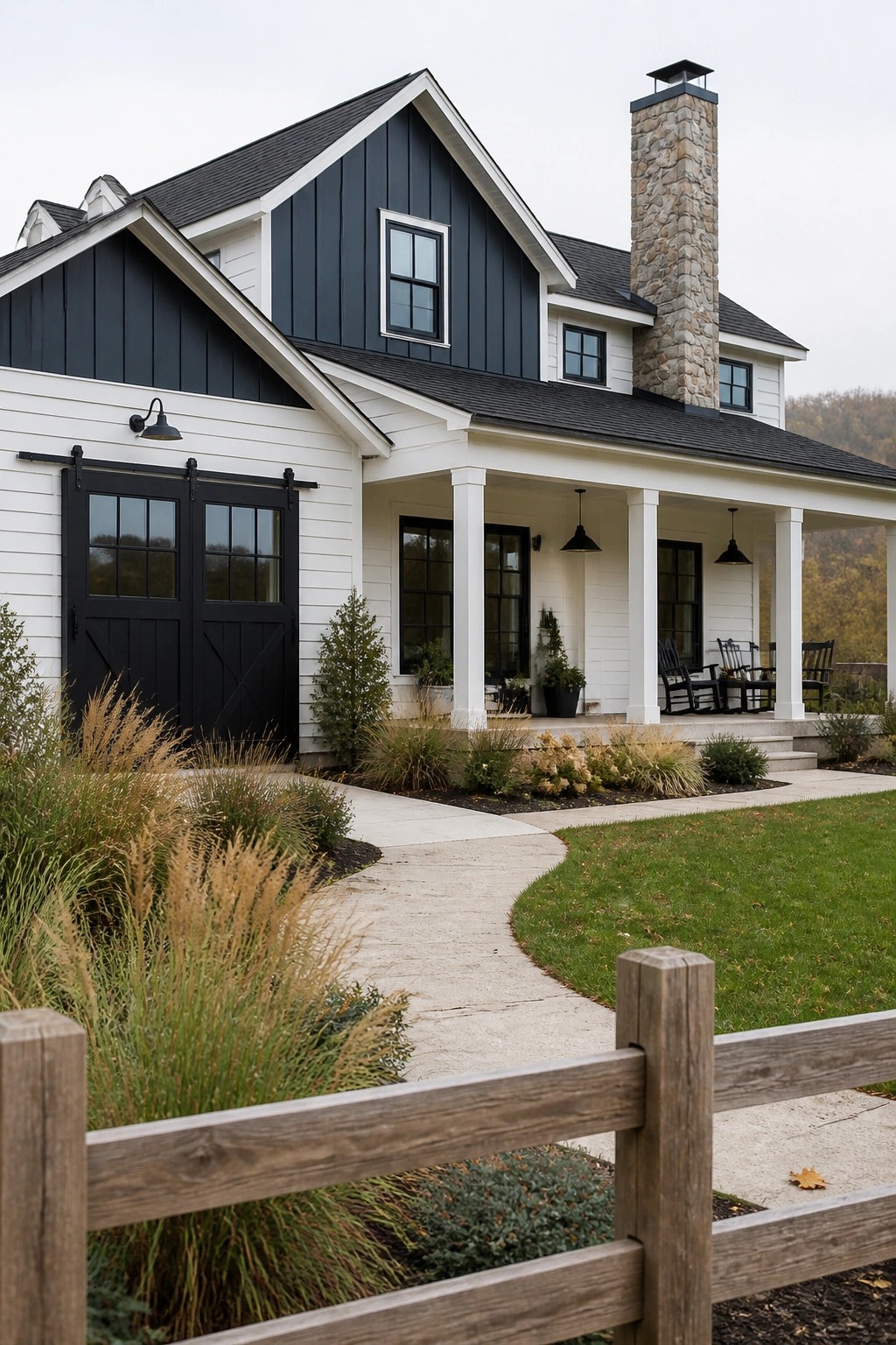 Modern black-and-white farmhouse with stone chimney, porch, barn doors, and garden path.