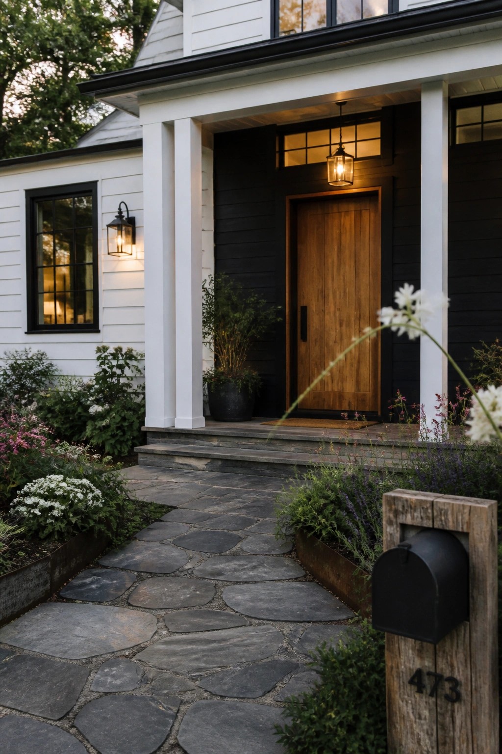 Stone path to wooden door on white house with black trim and lantern light