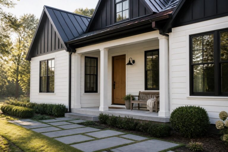 18 Black and White Modern Farmhouse Exterior Colors for Bold Contrast White siding on a modern farmhouse exterior with black trim and a dark metal roof.