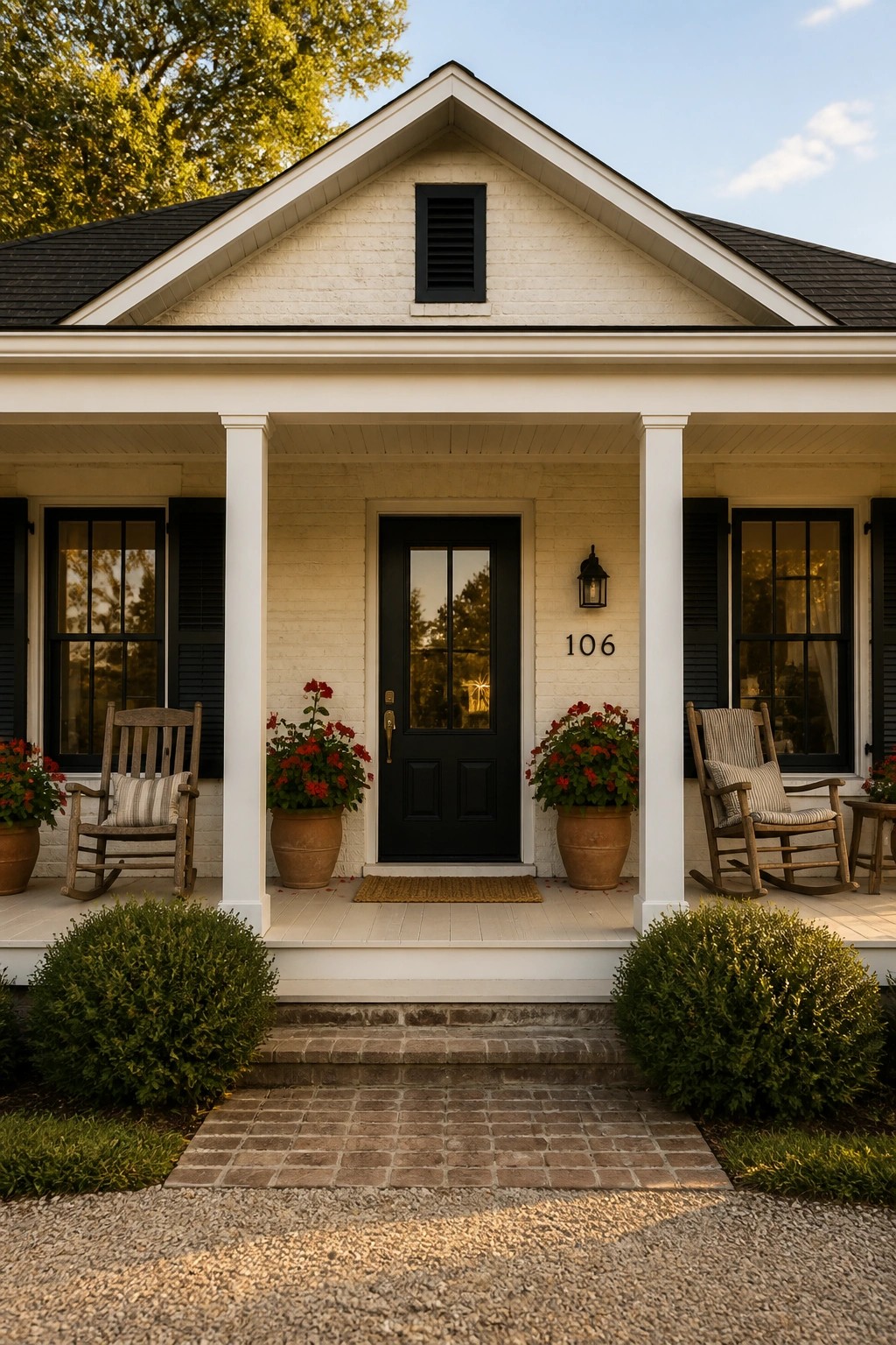 White house porch with black door, rocking chairs, red flower pots, and shrubs.