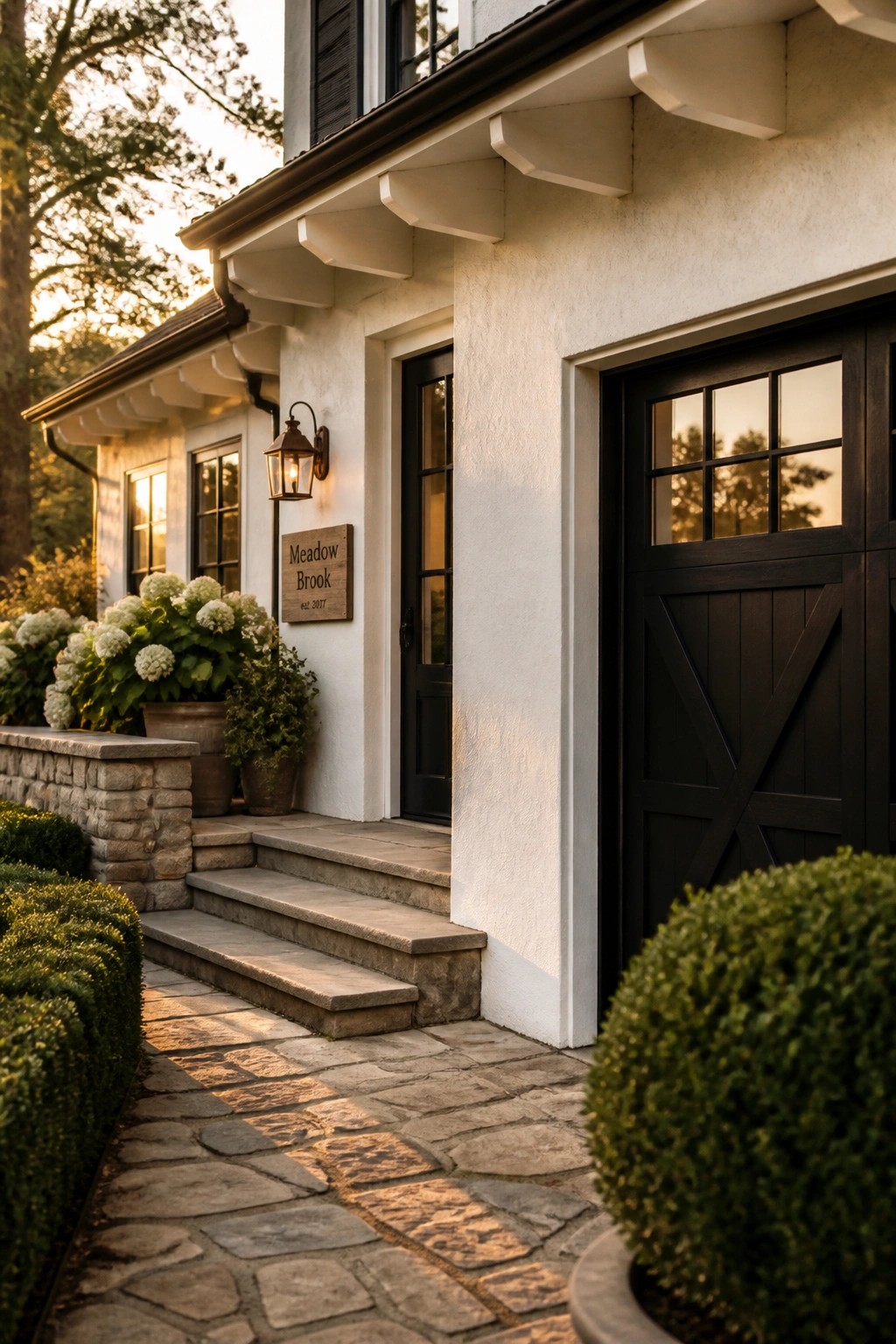 Warm white stucco siding on a modern farmhouse exterior with black trim and stone steps.