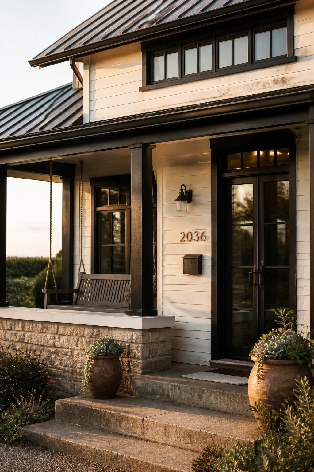 White farmhouse porch with black doors, hanging bench, and potted succulents on steps
