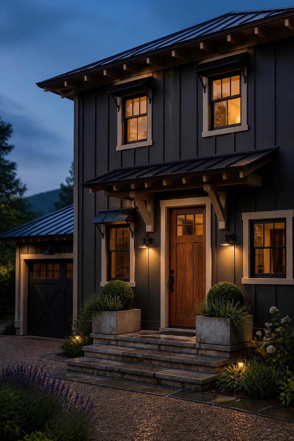 A modern farmhouse exterior with dark charcoal gray siding and a wooden front door.