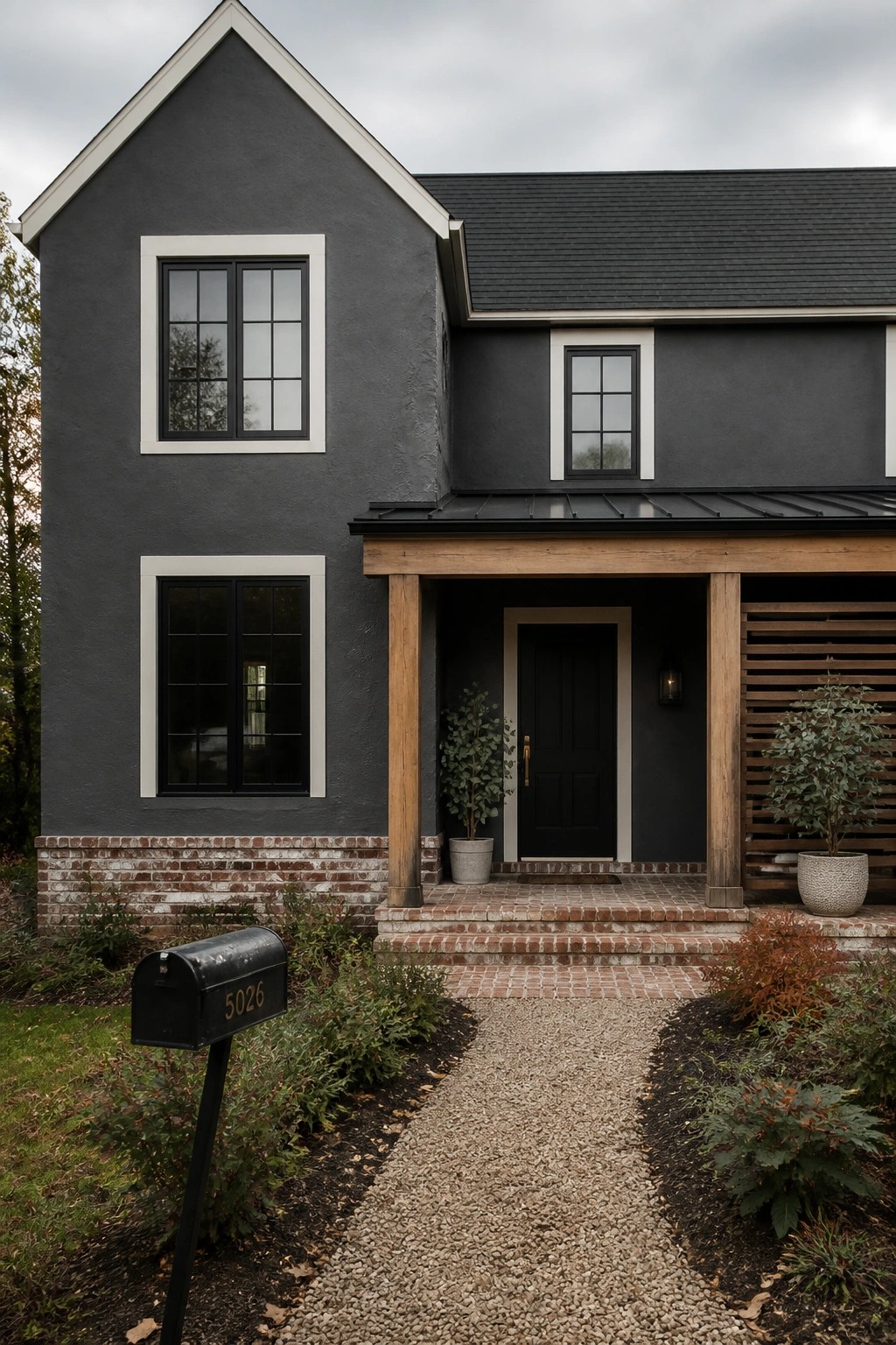 Charcoal gray siding on a modern farmhouse with white trim and a gravel walkway.