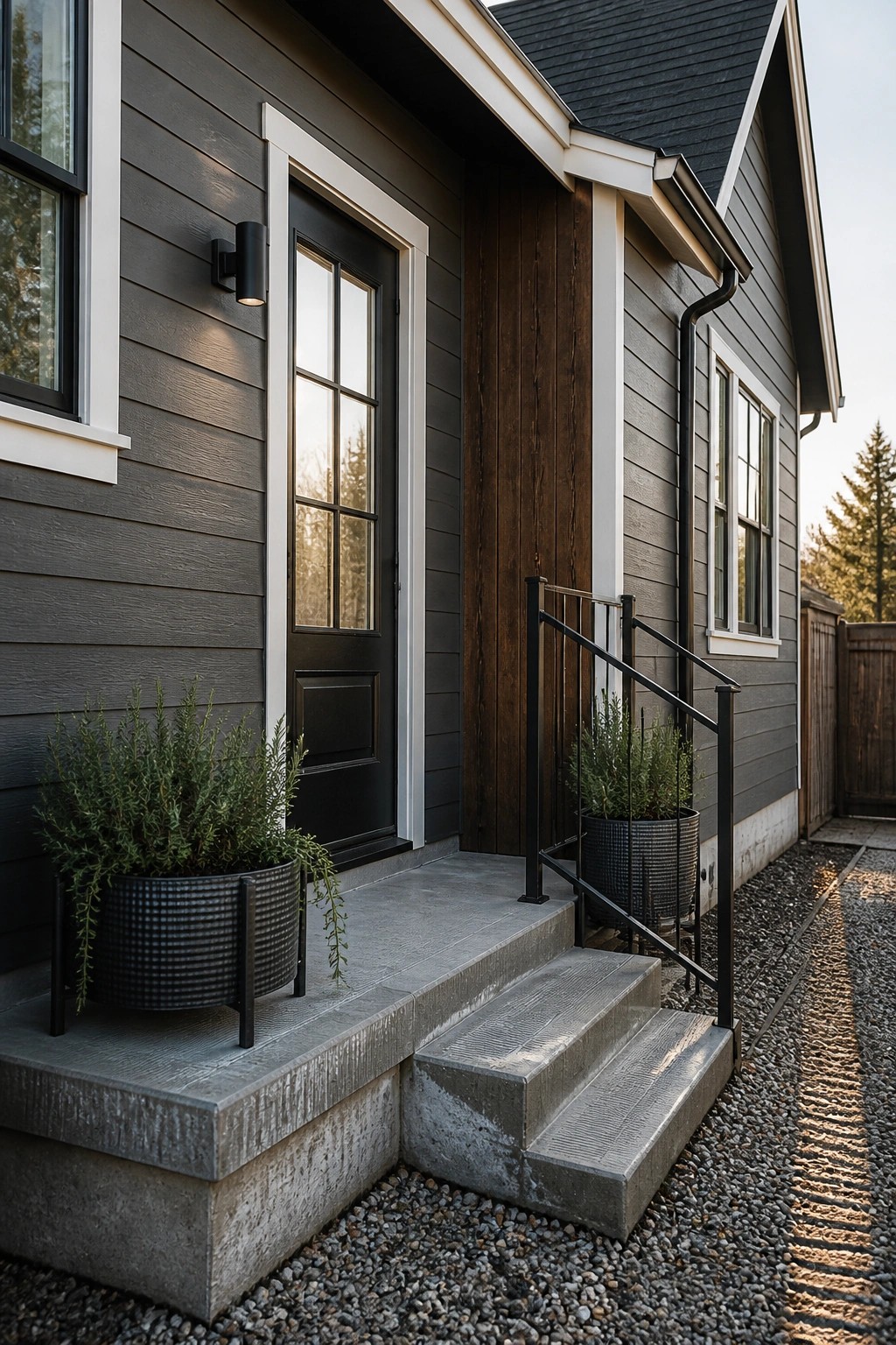 Charcoal gray siding on a modern farmhouse with white trim and wood accents.