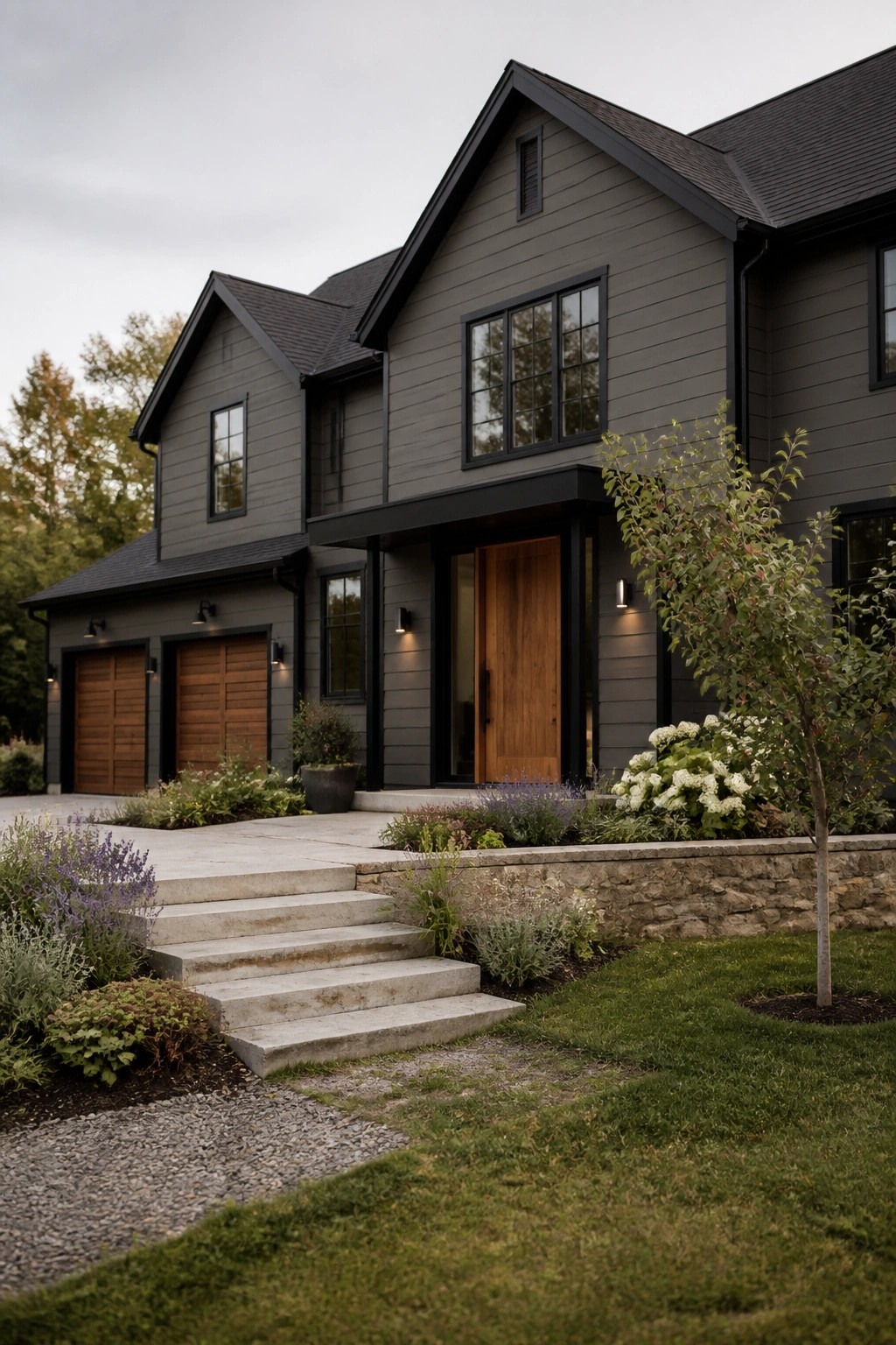Modern farmhouse exterior with dark charcoal gray siding and black trim.