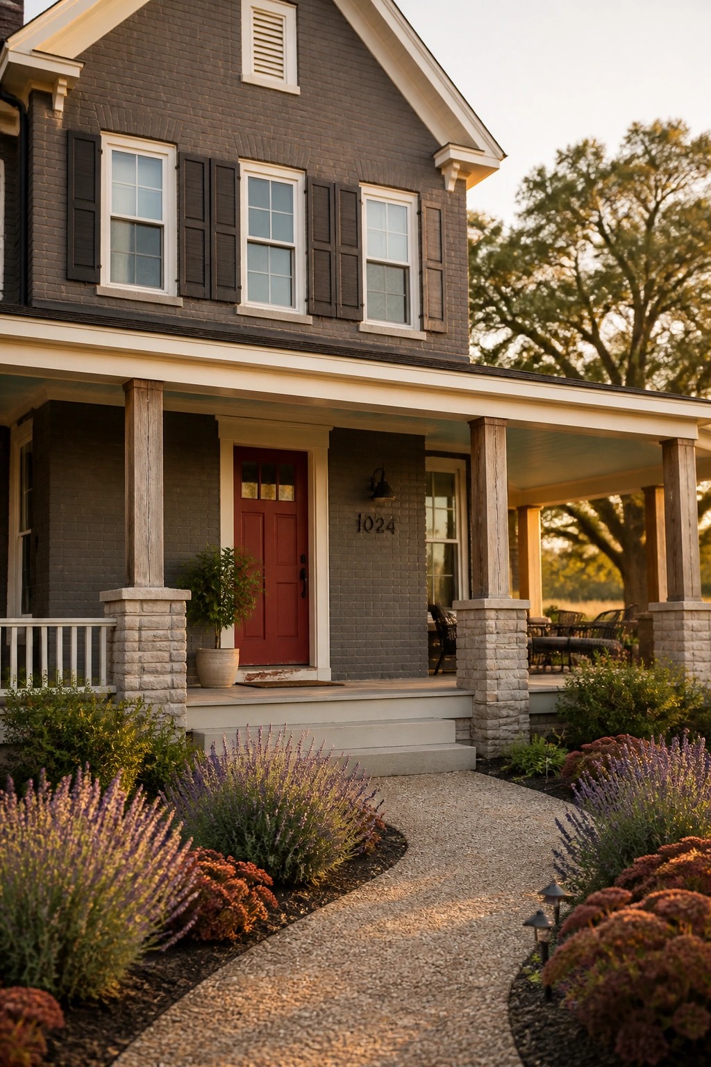 A dark charcoal gray modern farmhouse with white trim and a gravel path.
