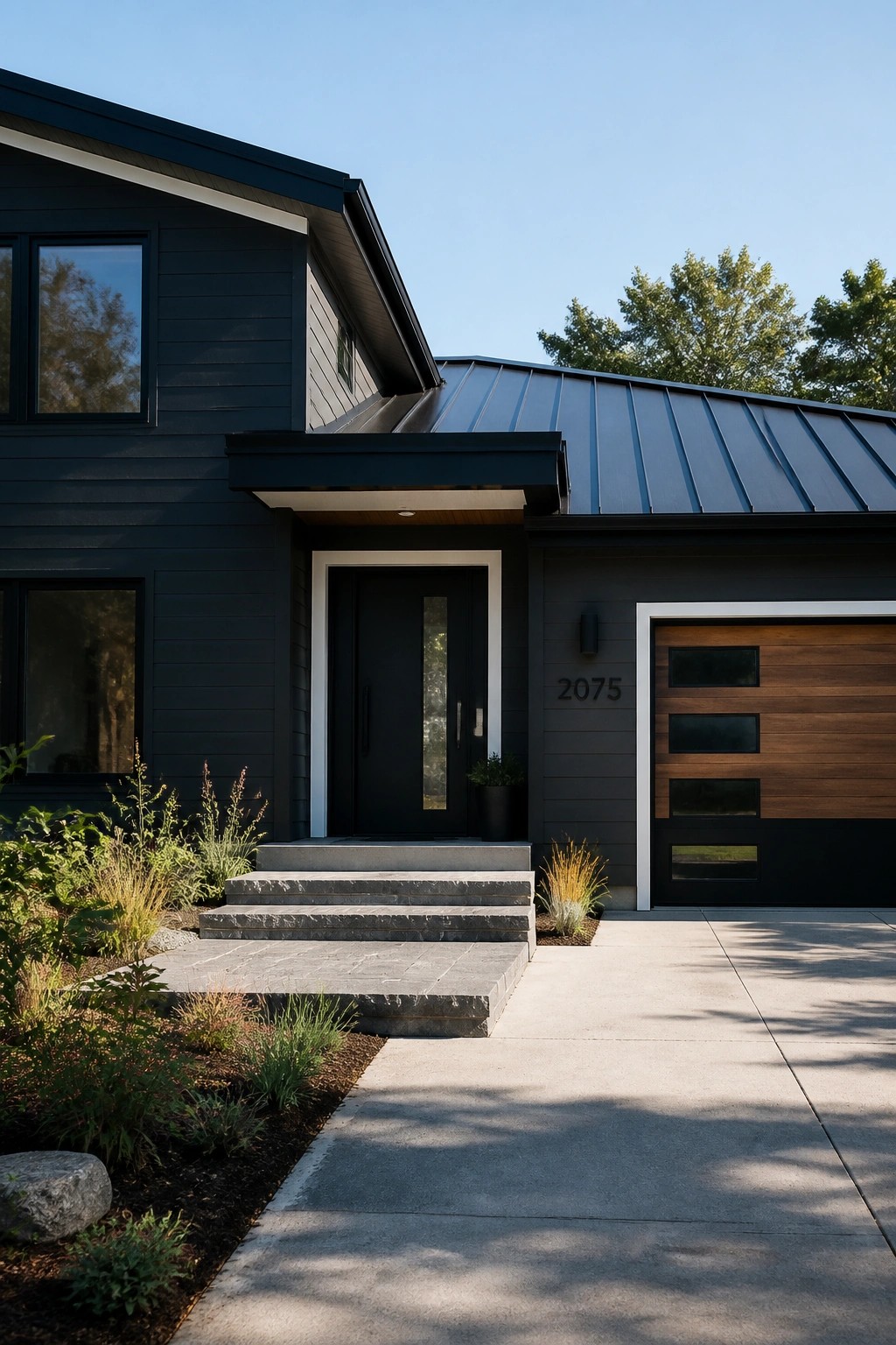 Modern farmhouse exterior with deep charcoal siding and a metal roof.