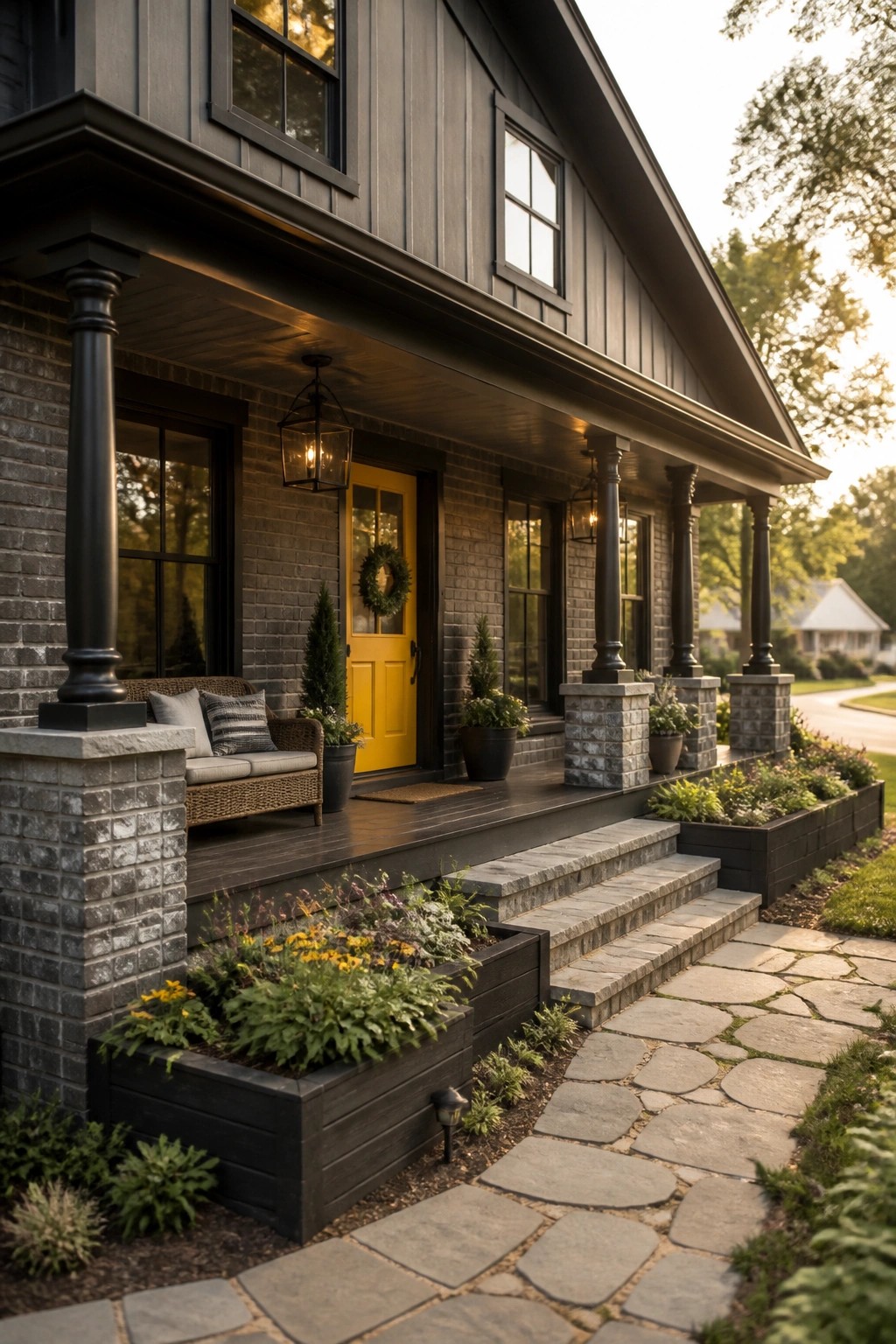Dark charcoal siding on a modern farmhouse with a front porch and stone steps.