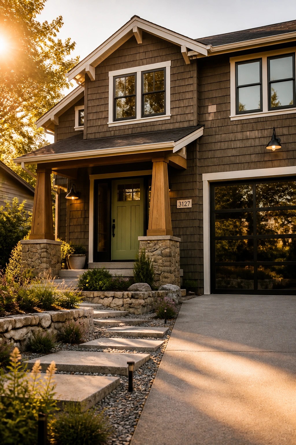 A modern farmhouse exterior painted in dark charcoal gray siding.