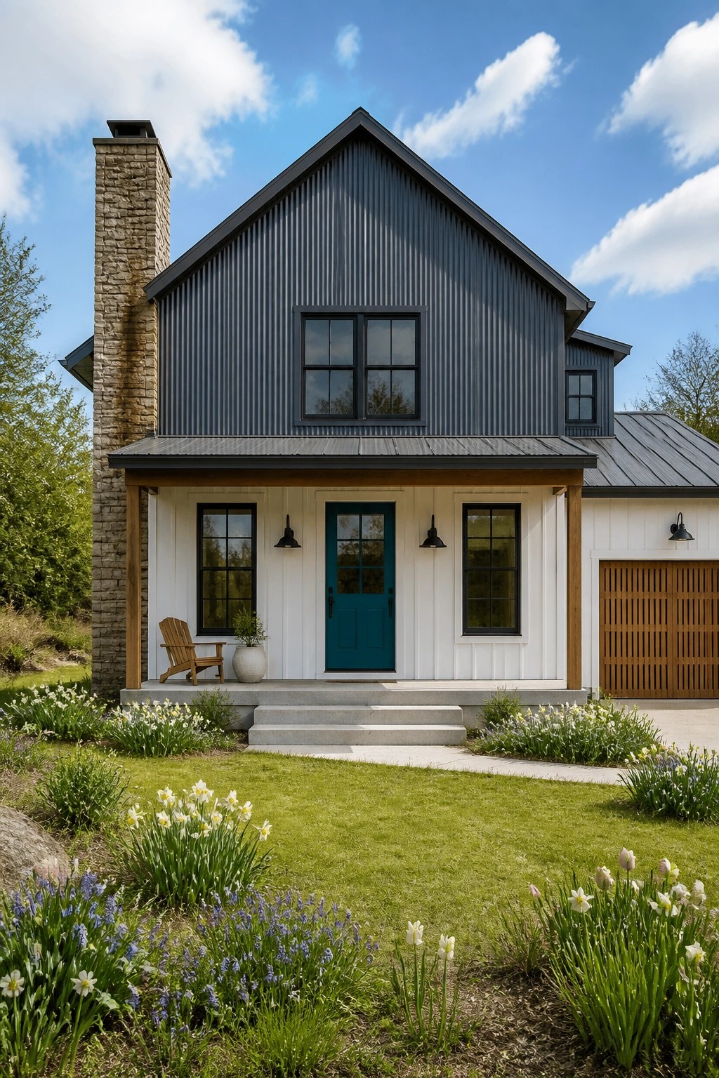 Modern farmhouse with dark metal siding, teal door, stone chimney, and blooming garden