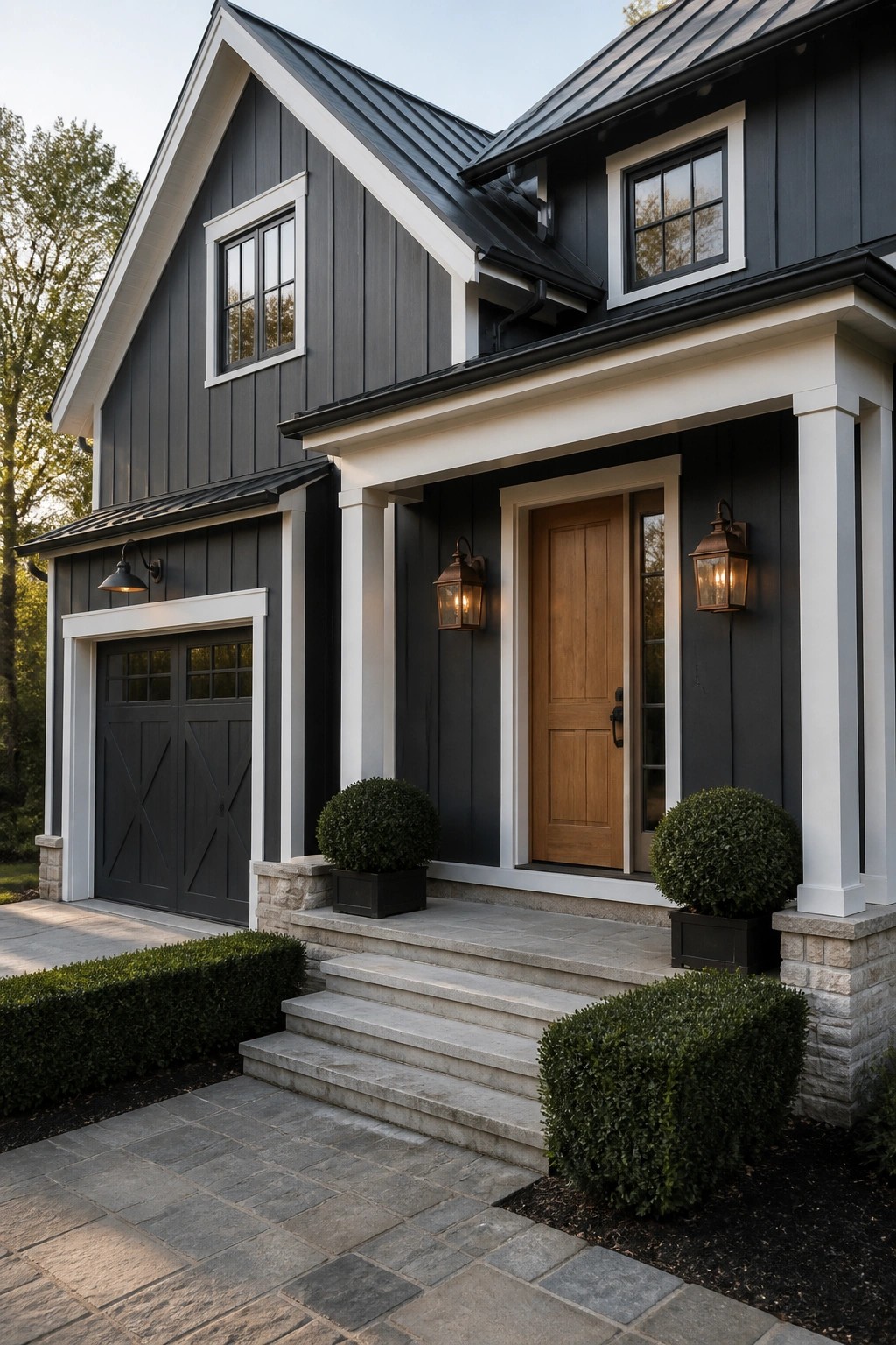 A modern farmhouse exterior painted in dark charcoal gray siding with white trim.