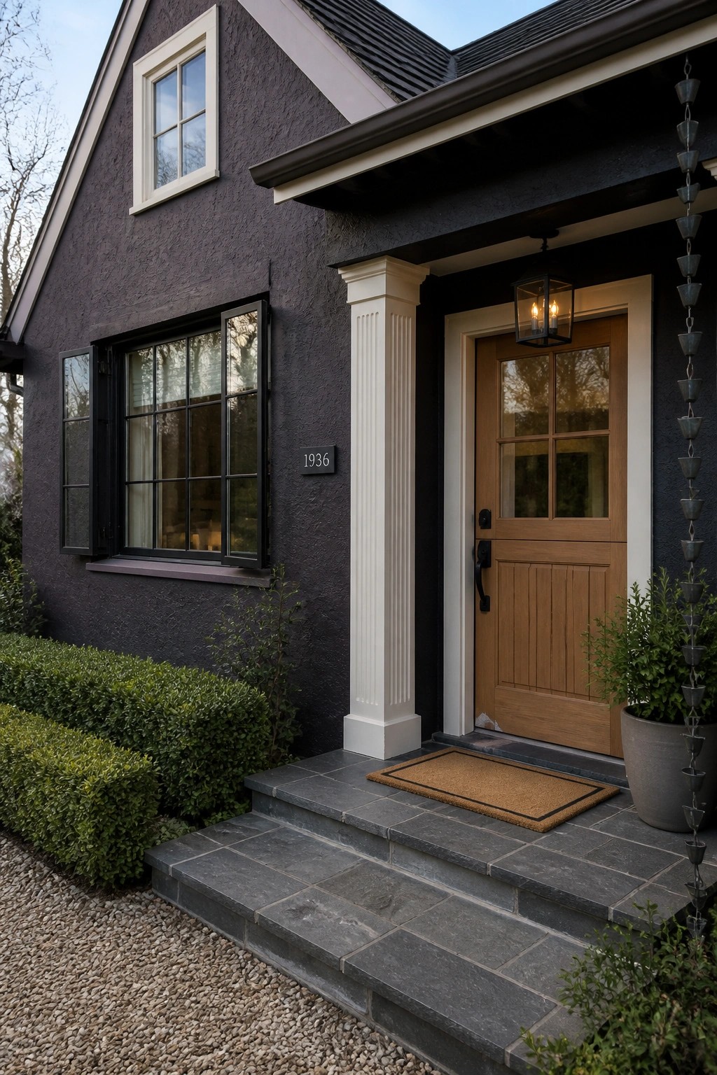 A modern farmhouse exterior painted in deep charcoal siding with white trim.