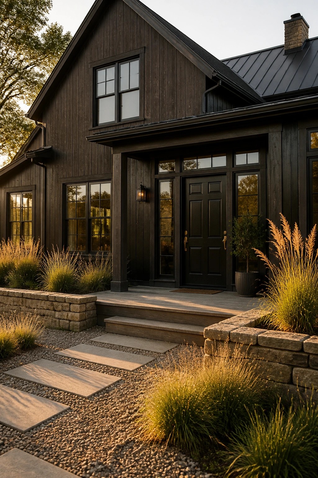 Dark wooden farmhouse with black door, stone walls, gravel path, and tall grasses.
