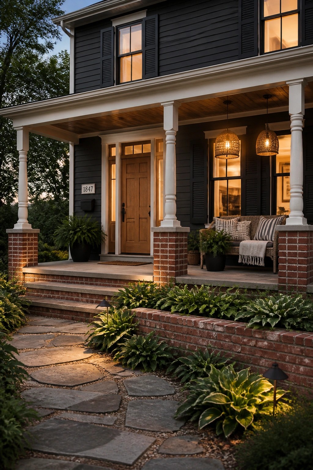 A modern farmhouse exterior with deep charcoal siding and white trim.