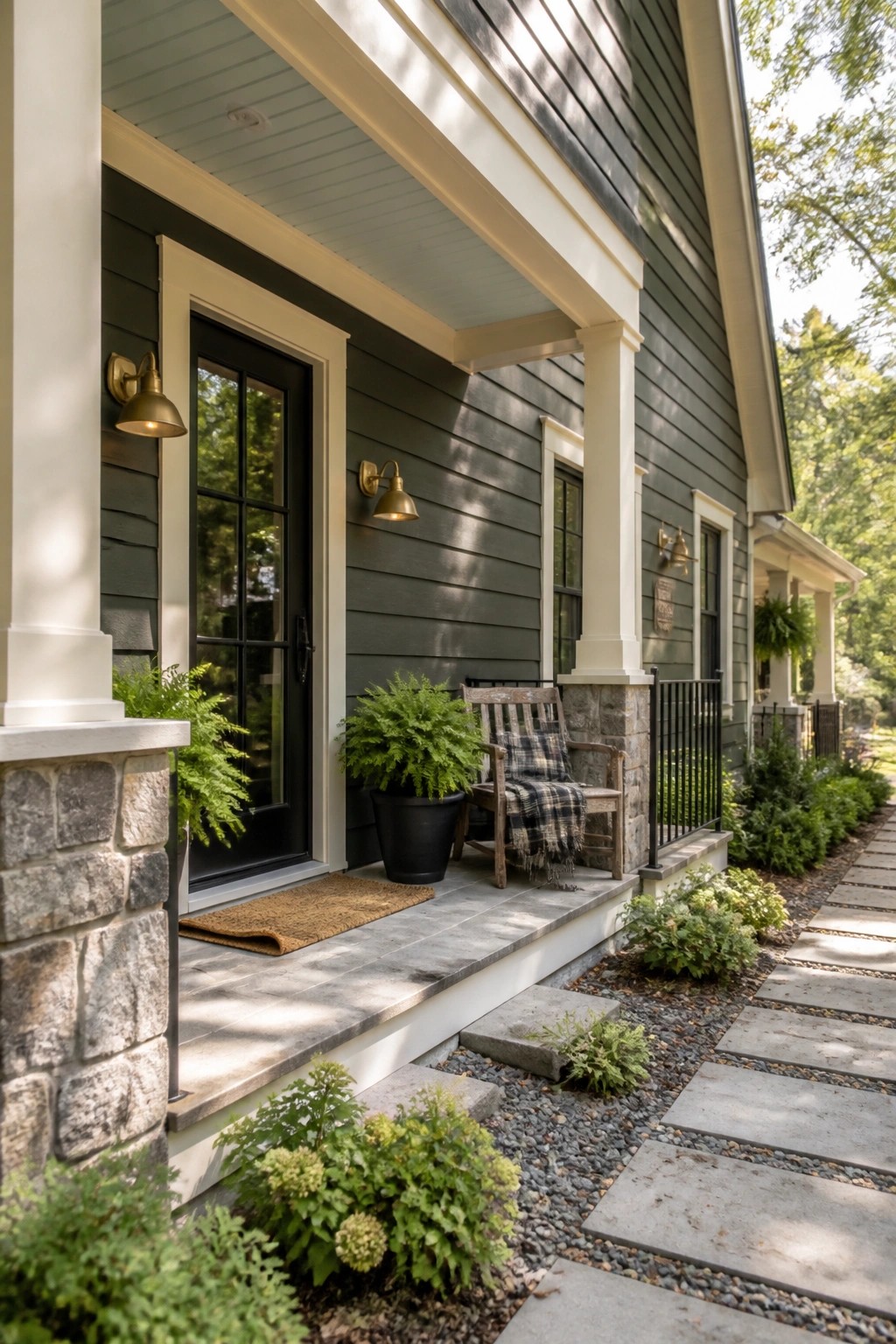 A modern farmhouse with deep charcoal gray siding and white trim.