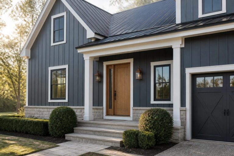 A modern farmhouse exterior painted in dark charcoal gray siding with white trim.
