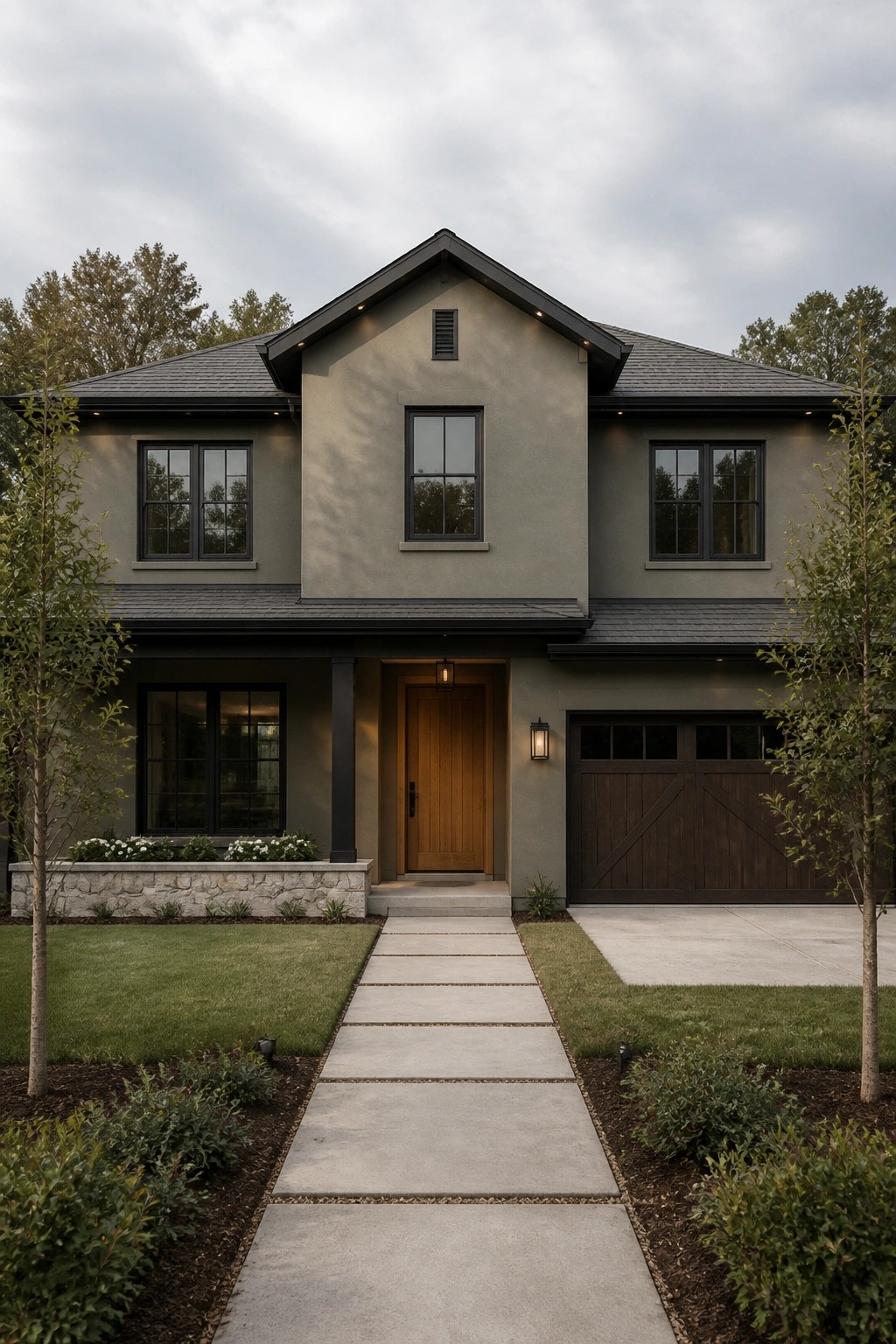 Modern farmhouse with warm gray siding and black window frames.