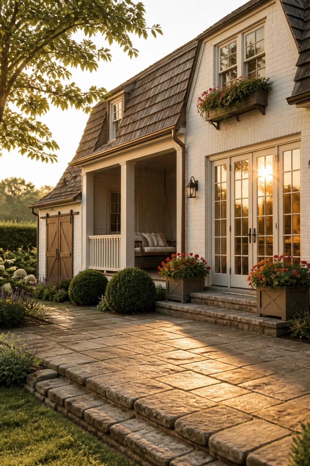 White brick house with porch swing, red flowers, and sunlit stone path.