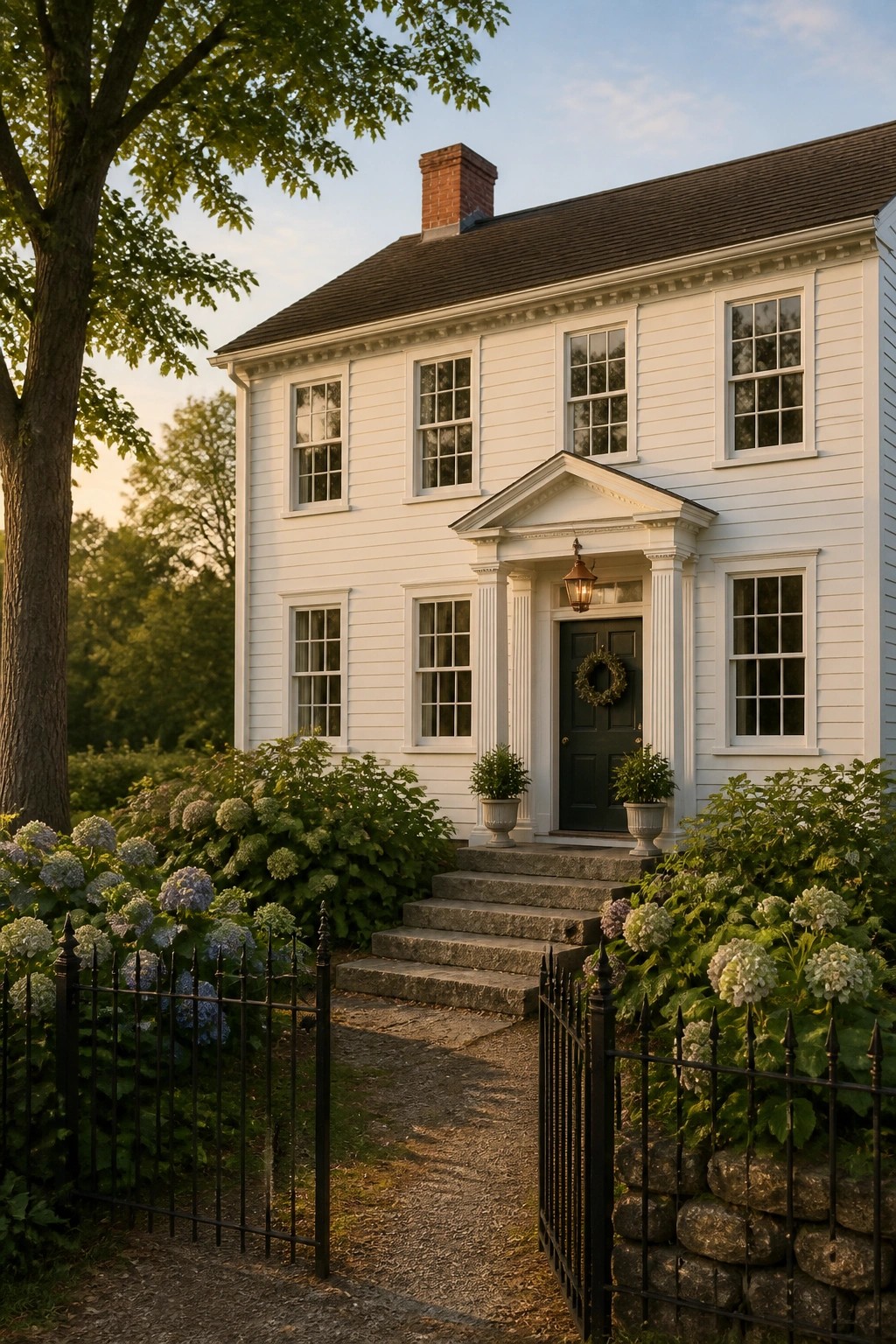 A white two-story farmhouse with a centered portico supported by white columns over a dark front door, flanked by potted plants and hydrangea beds.
