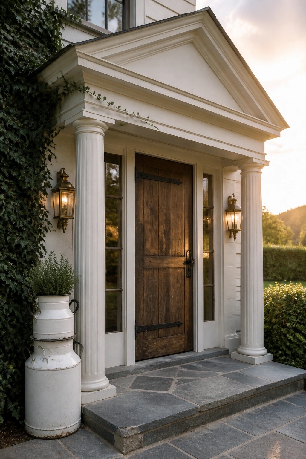 A front door framed by white fluted columns and a triangular pediment, with lit lanterns mounted on either side.