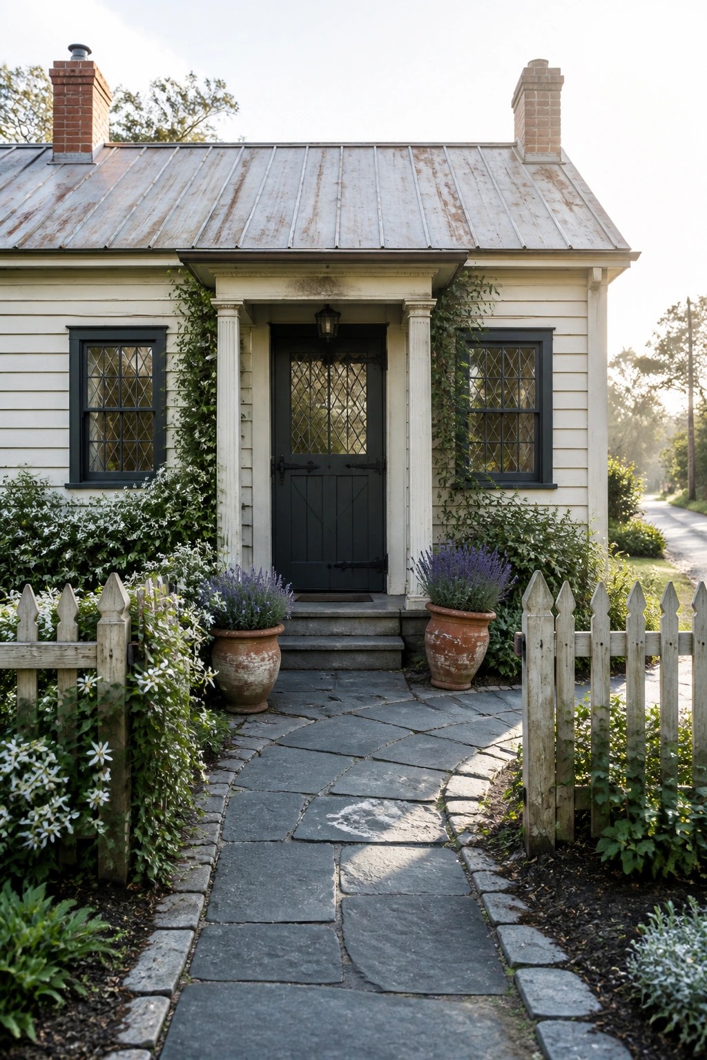Front view of a light-colored farmhouse with a dark centered door, white columns supporting a small overhang, matching black-framed windows on each side, and a curved stone path leading to the steps.