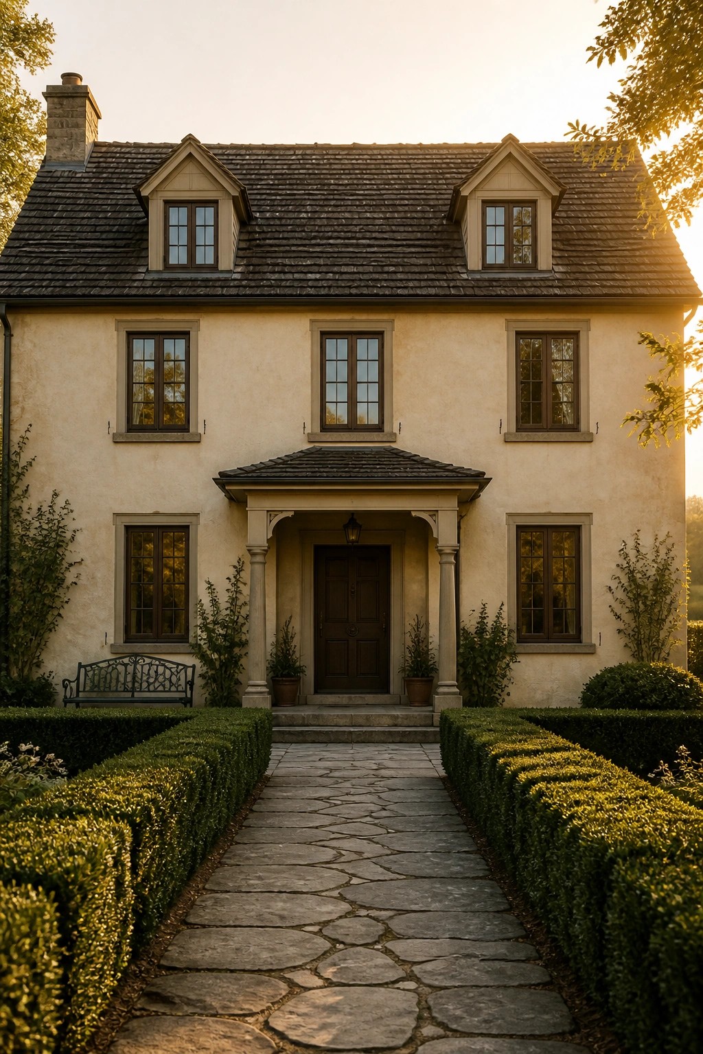 Front view of a two-story house with a centered dark wood door under a small columned portico, symmetrical windows, dormer windows on the roof, and a stone pathway lined with hedges.