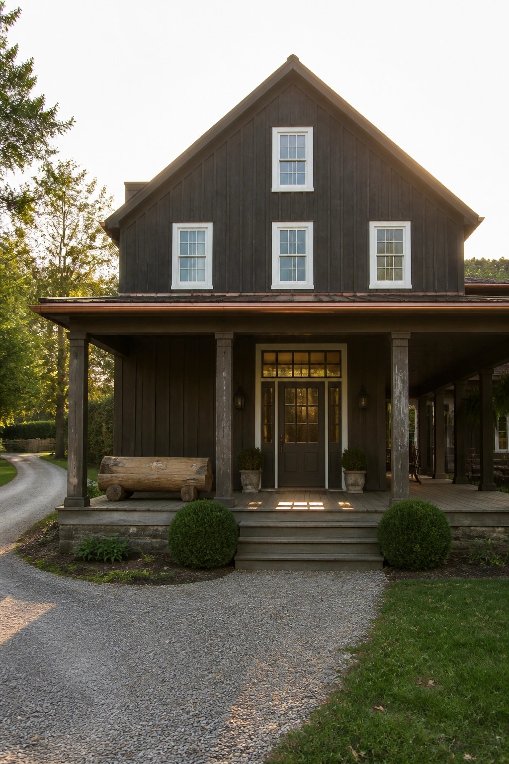 A two-story dark gray farmhouse with white-trimmed windows, a covered front porch with wooden columns, and gravel driveway in front.