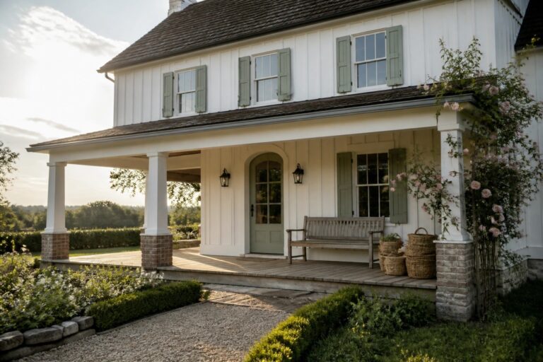 A two-story white farmhouse exterior with green shutters, a covered porch, and an arched front door.