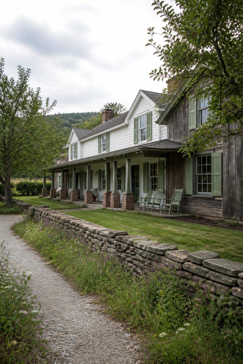 A long classic farmhouse with white painted siding on the left section and dark weathered wood siding on the right, featuring green shutters, a covered porch with rocking chairs, and a low stone wall along the gravel path.