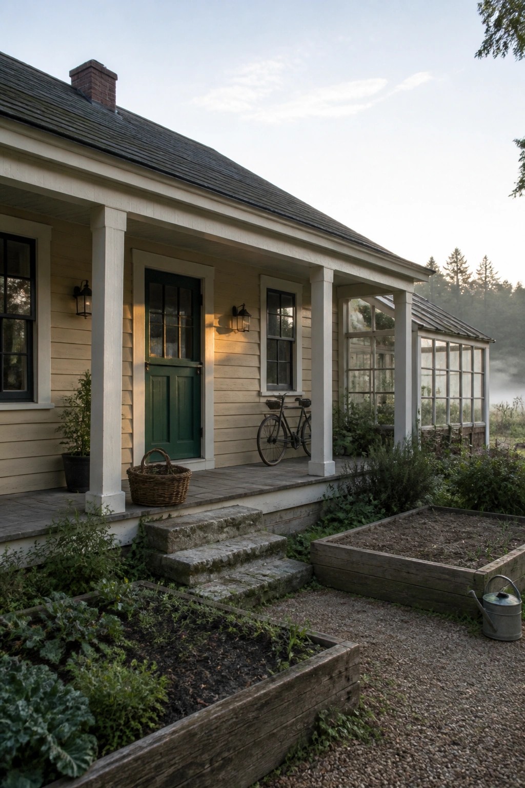 Rustic cottage with green door, bicycle on porch, and raised garden beds.