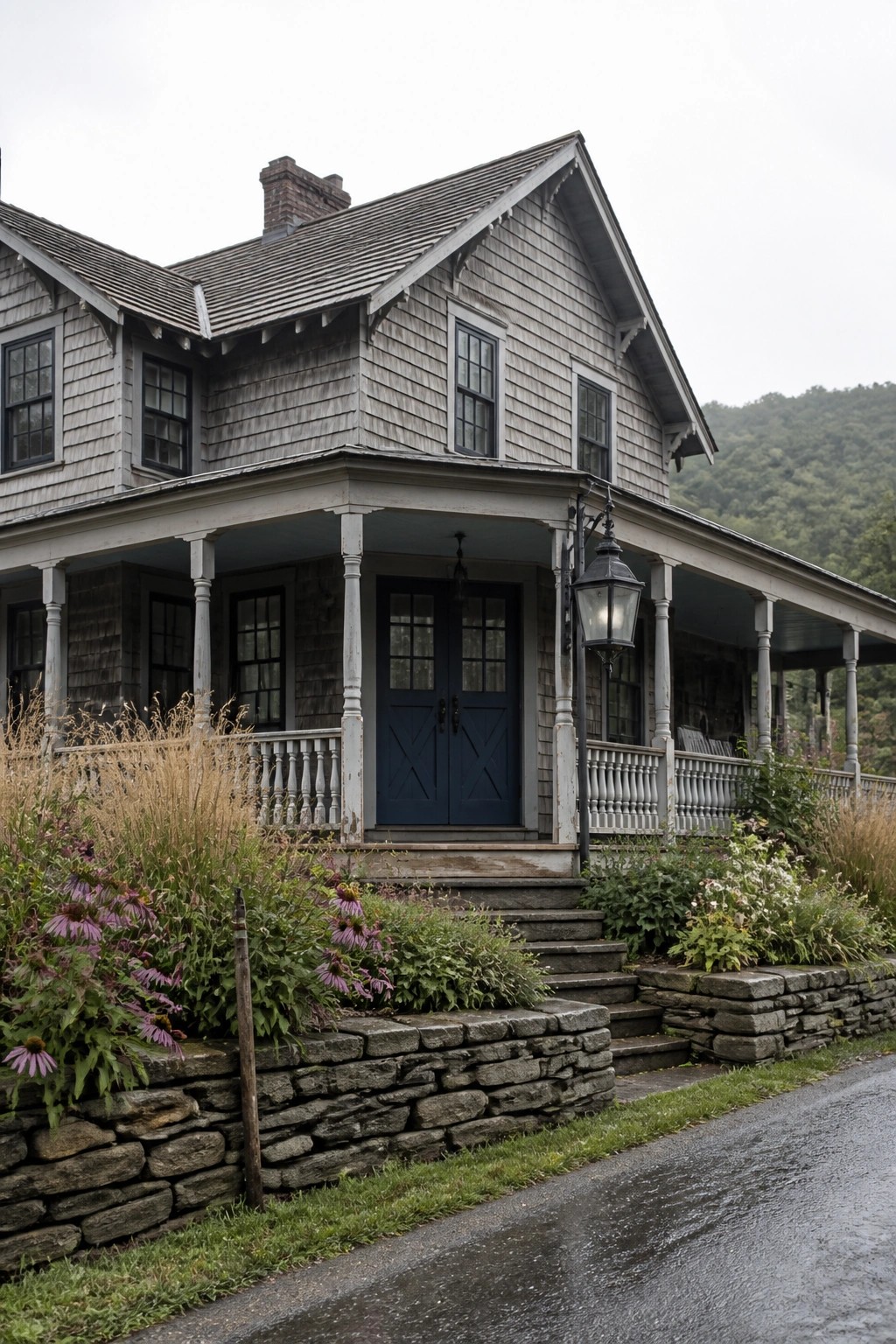 Gray shingled farmhouse with a dark blue double door centered on the front porch and a low stone retaining wall in the foreground.
