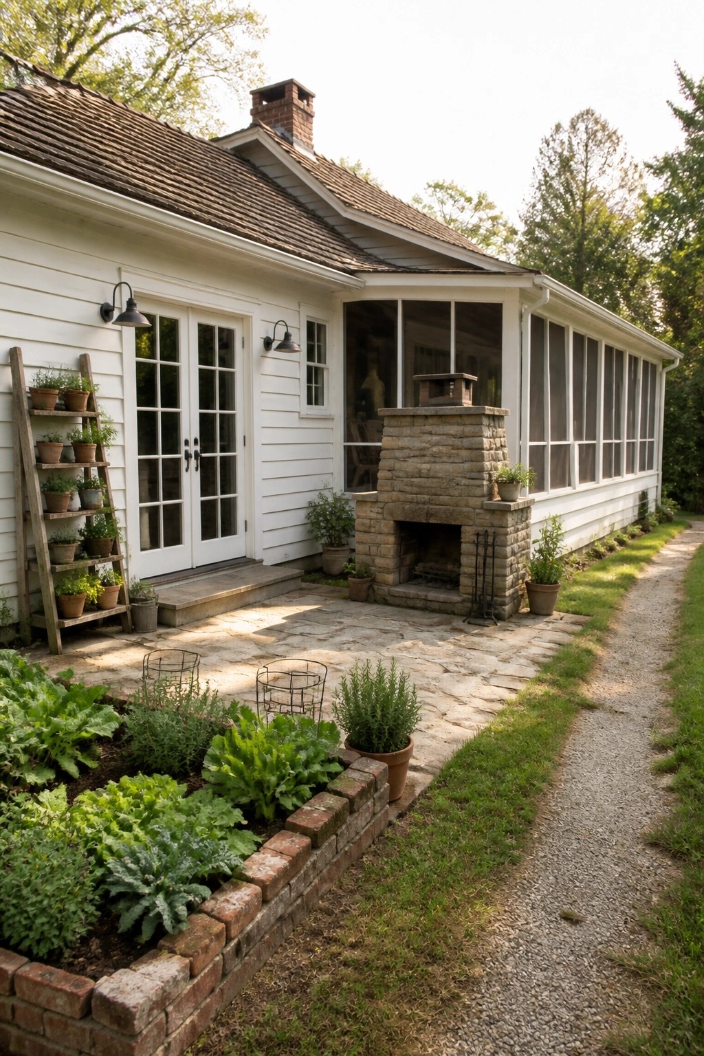 White farmhouse exterior with a large stone fireplace attached to the screened porch, brick-edged garden beds along a gravel path, and potted plants on a wooden ladder shelf.