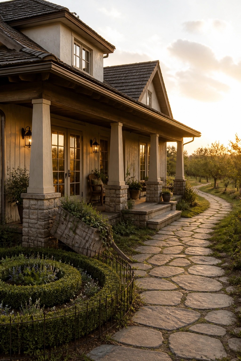 A classic farmhouse exterior with a covered porch supported by large stone piers, a flagstone walkway leading to the steps, and a small garden in the foreground at sunset.